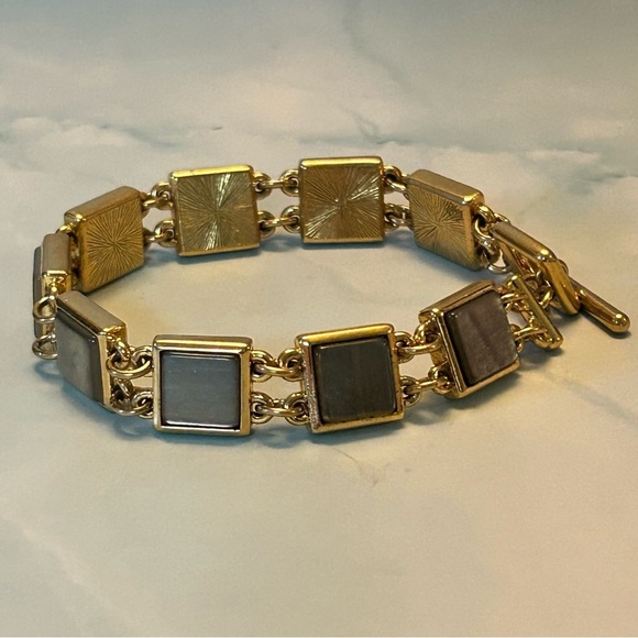Vintage Monet Gold Tone and Grey Mother of Pearl Square Tile Link Bracelet - Picture 1 of 5